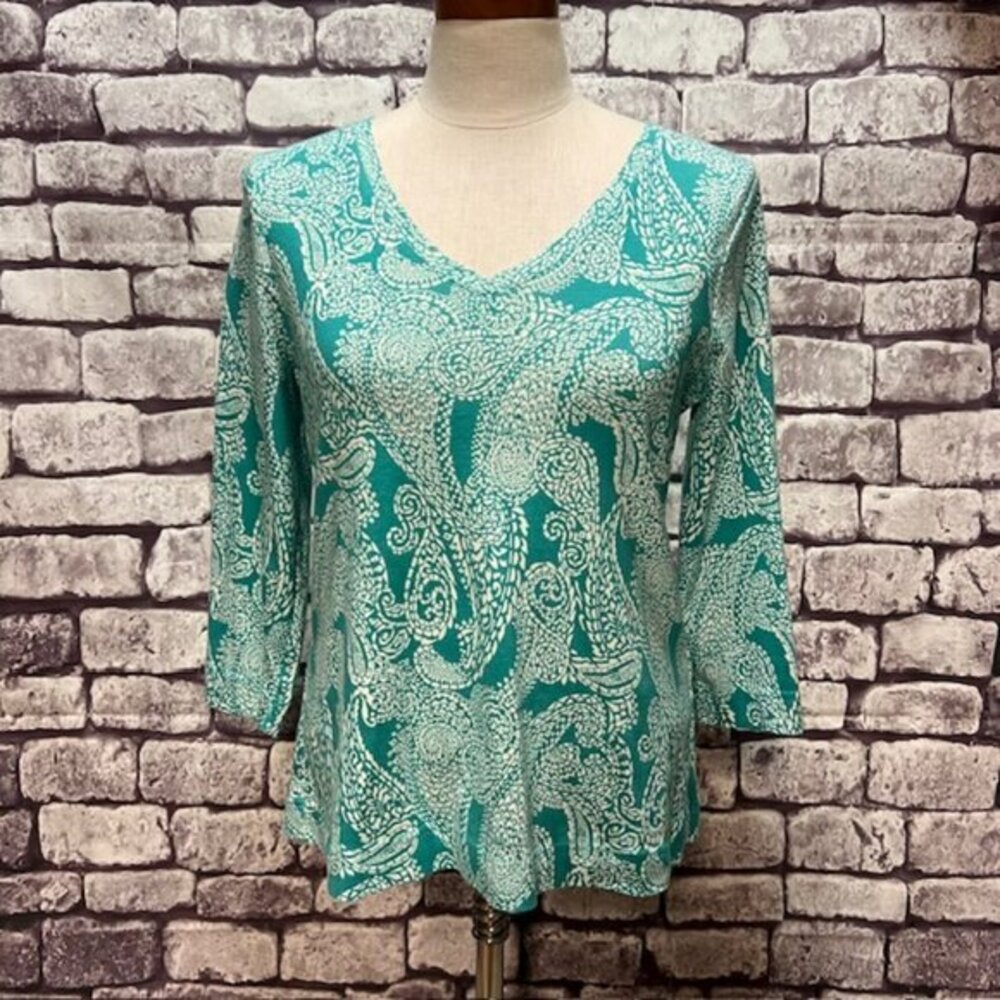 Chico's Aqua & White V-Neck 3/4 Sleeve Blouse Size M